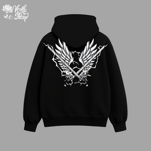 Levi anime-inspired Black hoodie with white eagle design on the back against a gray background