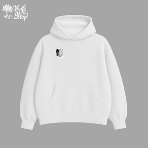 Levi anime-inspired White hoodie with a small logo on a gray background
