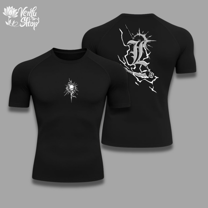 Light anime-inspired Black t-shirt with white graphic design on a gray background
