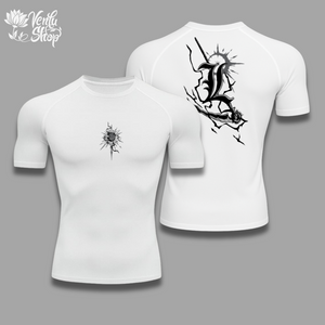 Light anime-inspired White t-shirt with black graphic design on a gray background
