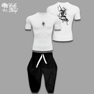 Light anime-inspired White t-shirt with black graphics and black pants on a gray background