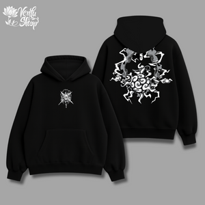 Luffy anime-inspired Black hoodie with white graphic designs on a gray background