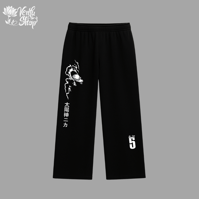 Luffy anime-inspired Black pants with white graphics and text on a gray background