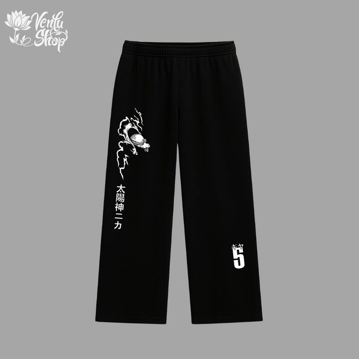 Luffy anime-inspired Black pants with white graphics and text on a gray background