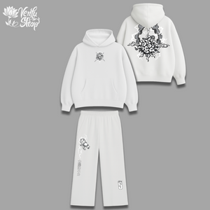 Luffy anime-inspired White hoodie and pants set with decorative elements on a gray background, featuring the Verda Hop brand.