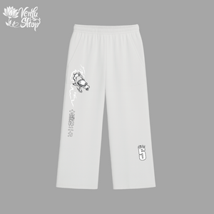 Luffy anime-inspired White pants with black embroidery on a gray background
