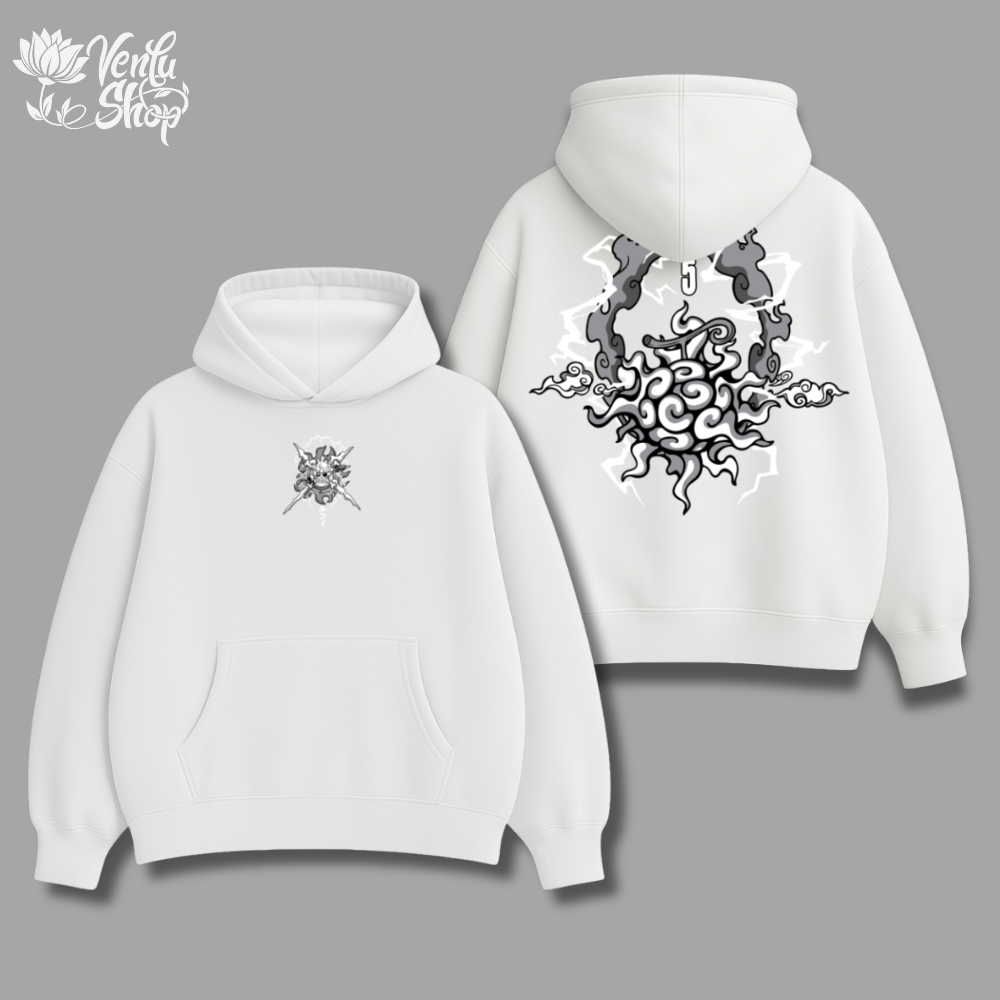 Luffy anime-inspired White hoodie with black designs on a gray background