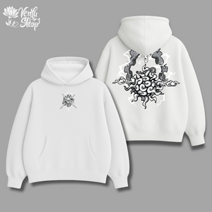 Luffy anime-inspired White hoodie with black designs on a gray background