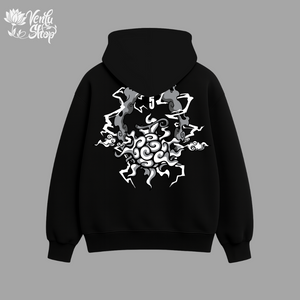 Luffy anime-inspired Black hoodie with white abstract design on the back against a gray background
