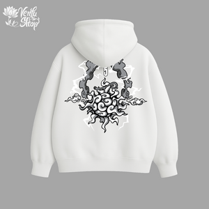 Luffy anime-inspired White hoodie with black abstract design on the back against a gray background