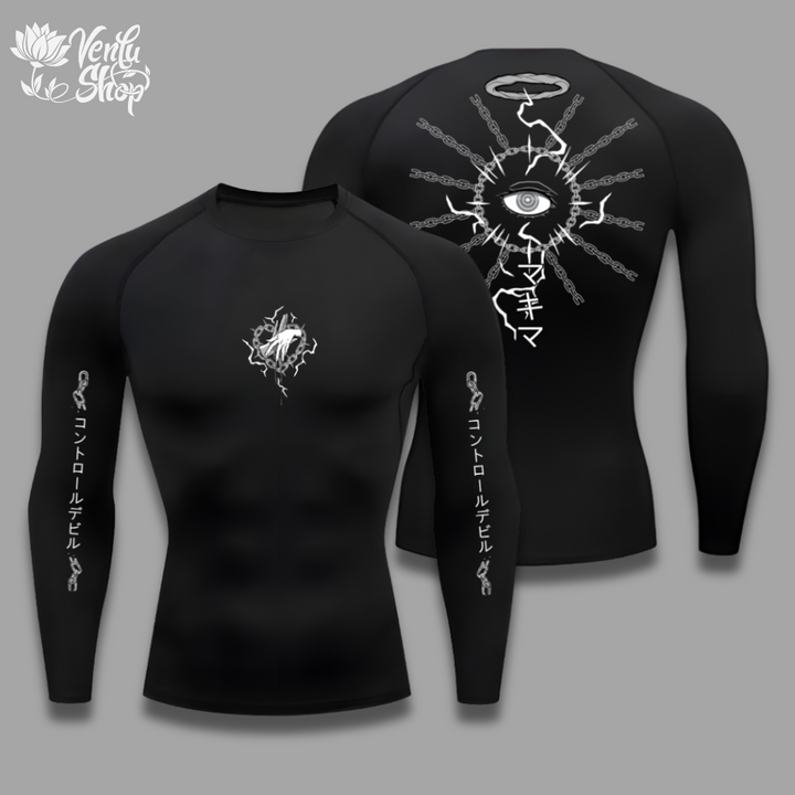 Makima anime-inspired Black long-sleeve shirt with white designs on a gray background