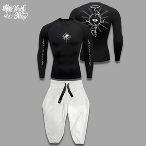 Makima anime-inspired Black long-sleeve shirt with white designs and white pants on a gray background, featuring the Verda Hop brand.