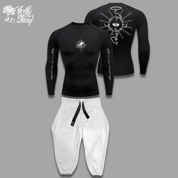Makima anime-inspired Black long-sleeve shirt with white designs and white pants on a gray background, featuring the Verda Hop brand.