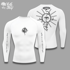 Makima anime-inspired White long-sleeve shirt with black designs on a gray background