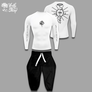 Makima anime-inspired White long-sleeve shirt with black designs and black pants on a gray background