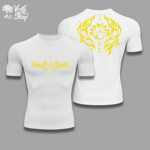 Naruto anime-inspired  White t-shirt with yellow tribal design on a gray background