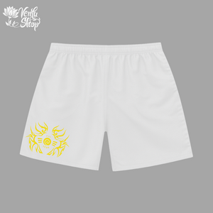 Naruto anime-inspired  White shorts with yellow design on a gray background