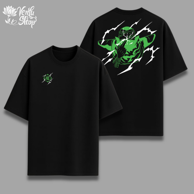 Piccolo anime-inspired Black t-shirt with green graphic design on a gray background