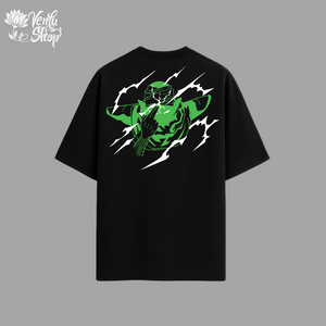 Piccolo anime-inspired Black t-shirt with green graphic design on a gray background