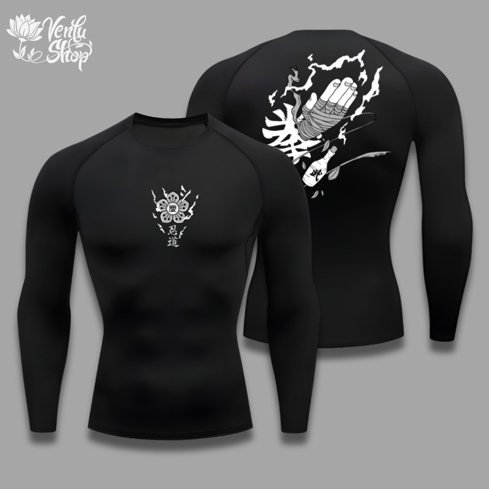 Rock Lee anime-inspired Black long-sleeve shirt with white graphics on a gray background
