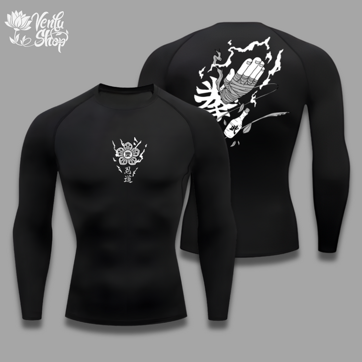 Rock Lee anime-inspired Black long-sleeve shirt with white graphics on a gray background