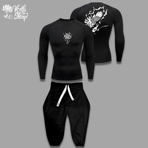 Rock Lee anime-inspired Black long-sleeve shirt and pants set with designs on a gray background, featuring the Verda Hop brand.
