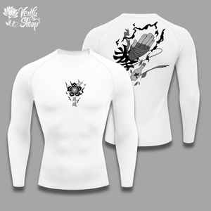 Rock Lee anime-inspired White long-sleeve shirt with black graphic design on a gray background