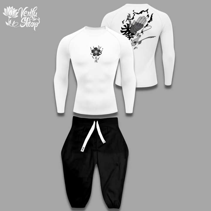 Rock Lee anime-inspired White long-sleeve shirt with black designs and black pants on a gray background