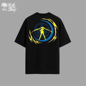 Sailor Moon anime-inspired Black t-shirt with a blue and yellow graphic design on the back against a gray background