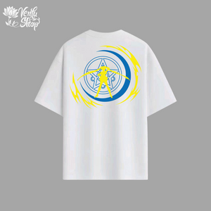 Sailor Moon anime-inspired White t-shirt with a blue and yellow circular design on the back, on a gray background.