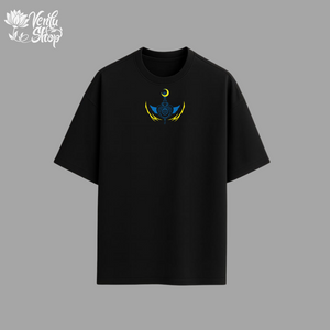 Sailor Moon anime-inspired Black t-shirt with a blue and yellow graphic on a gray background