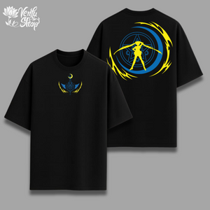 Sailor Moon anime-inspired Black t-shirt with blue and yellow designs on a gray background