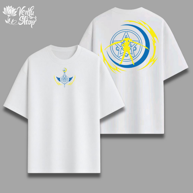 Sailor Moon anime-inspired White t-shirt with blue and yellow designs on a gray background