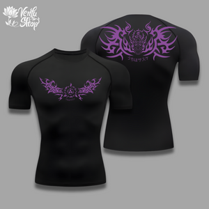 Sasuke Uchiha anime-inspired Black athletic shirt with purple tribal designs on a gray background