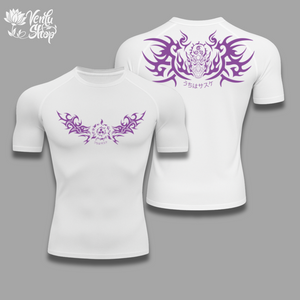 Sasuke Uchiha anime-inspired White t-shirt with purple tribal design on a gray background