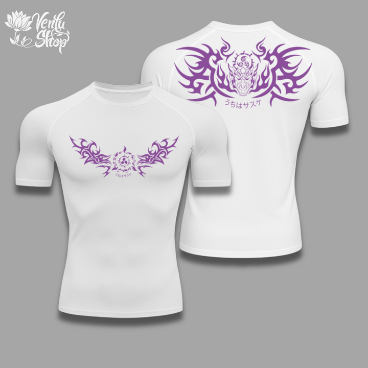 Sasuke Uchiha anime-inspired White t-shirt with purple tribal design on a gray background