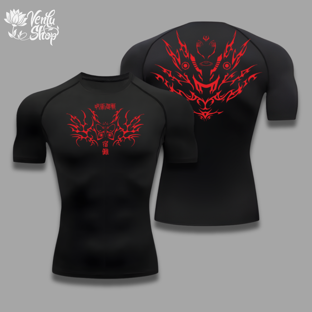 Sukuna anime-inspired Black t-shirt with red tribal design on a gray background