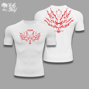 Sukuna anime-inspired White t-shirt with red dragon design on front and back, displayed against a gray background.
