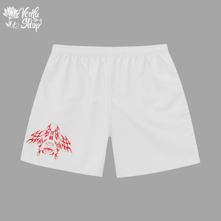 Sukuna anime-inspired White shorts with red floral embroidery on a gray background