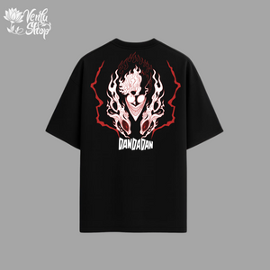 Ken Takakura anime-inspired Black t-shirt with a graphic design and 'DANDADAN' text on a gray background