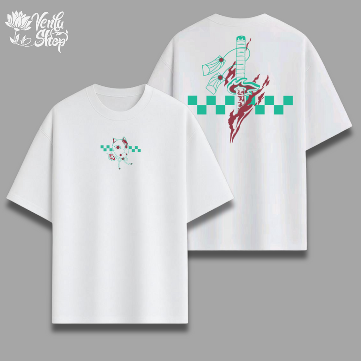 Tanjiro anime-inspired White t-shirt with colorful graphics on a gray background