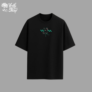 Tanjiro anime-inspired Black t-shirt with a colorful graphic on a gray background