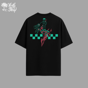 Tanjiro anime-inspired Black t-shirt with a graphic design on the back against a gray background