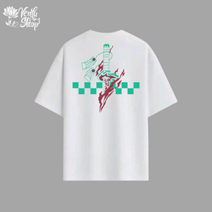 Tanjiro anime-inspired White t-shirt with colorful graphic design on a gray background