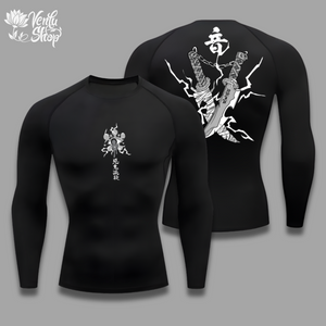 Tengen anime-inspired Black long-sleeve shirt with white graphic designs on a gray background