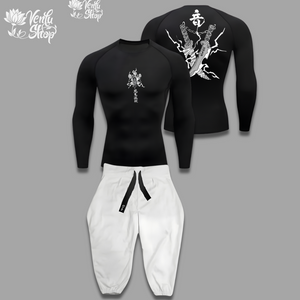 Tengen anime-inspired Black long-sleeve shirt and white pants with dragon design on a gray background