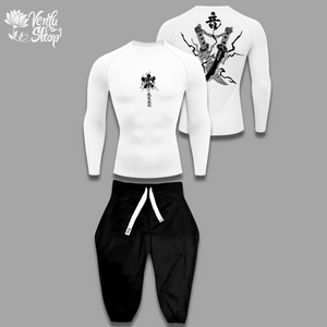 Tengen anime-inspired White long-sleeve shirt with black designs on a gray background, featuring the brand 'Verita Shop'.