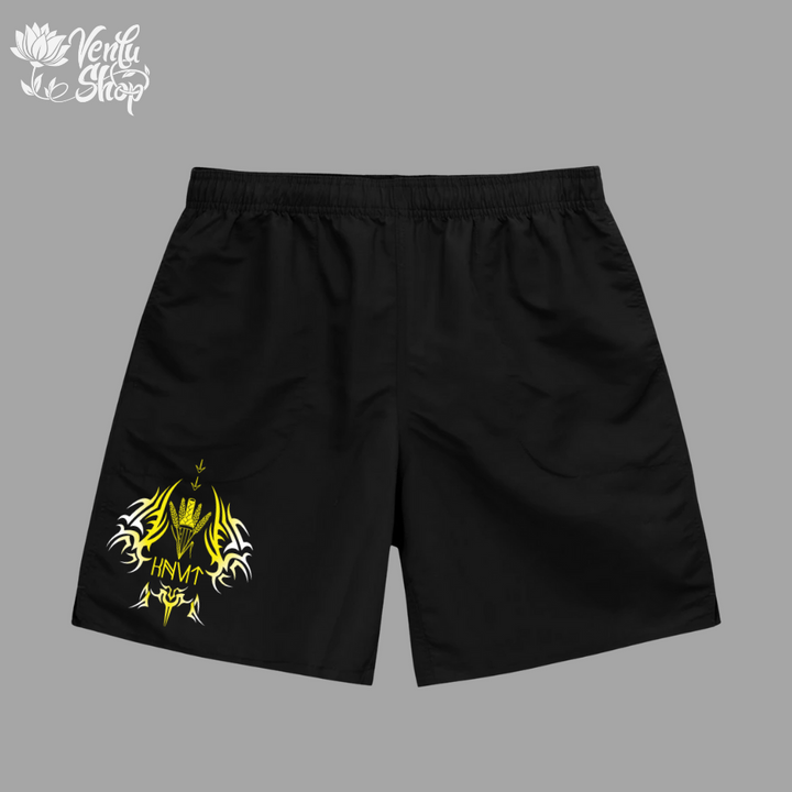 Thorfinn anime-inspired Black shorts with yellow and white design on a gray background