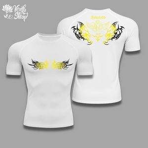 Thorfinn anime-inspired White t-shirt with black and yellow designs on a gray background