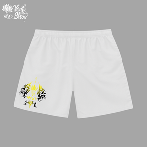 Thorfinn anime-inspired white shorts with yellow and white design on a gray background